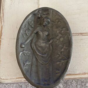 Vintage Risqué Woman In Bustier Cast Pewter Dual Sided Trinket Dish